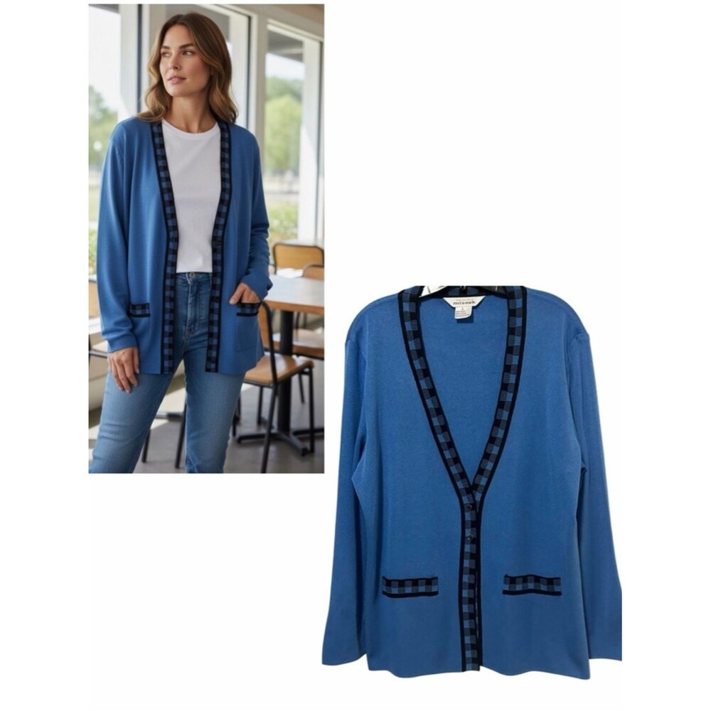 MISOOK Blue/Black Plaid Trim Long Sleeve Button Front Cardigan L